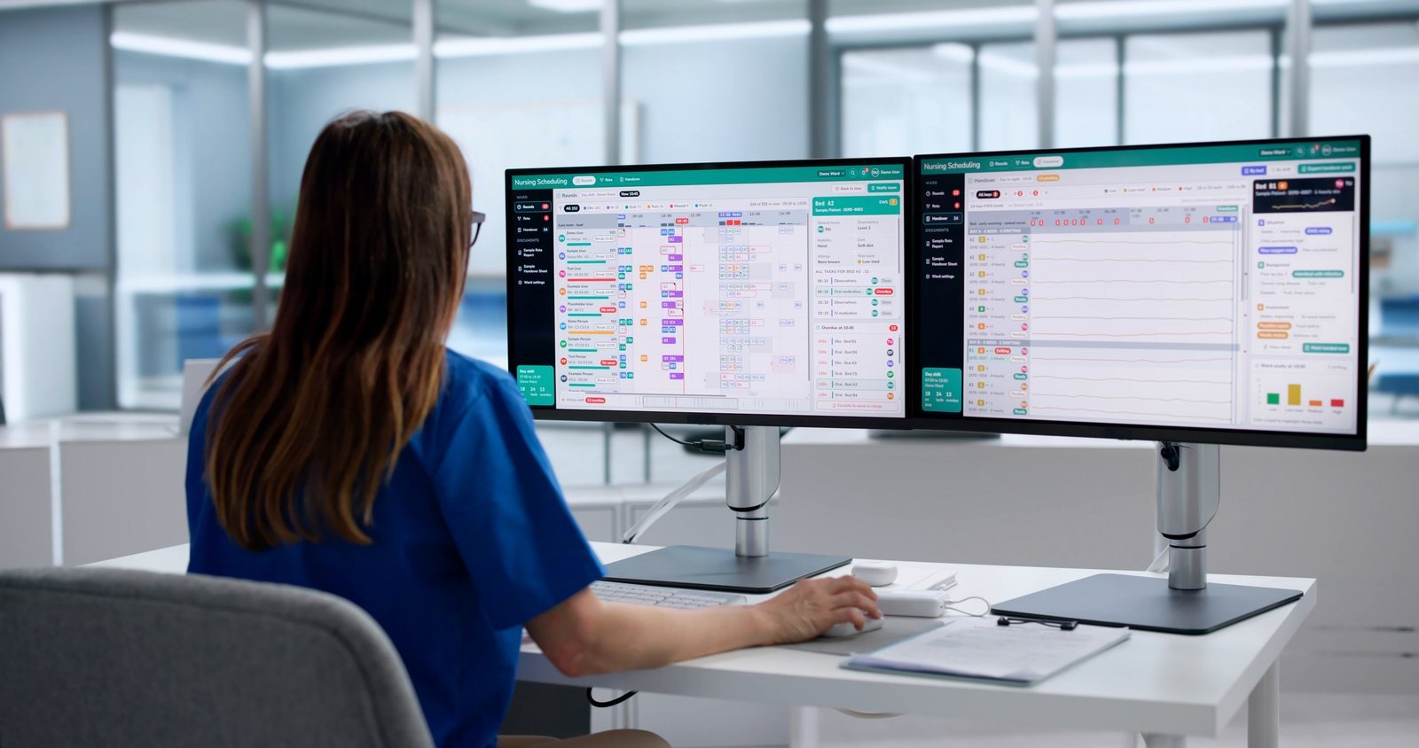 A nurse reviewing patient schedules on a hospital workstation