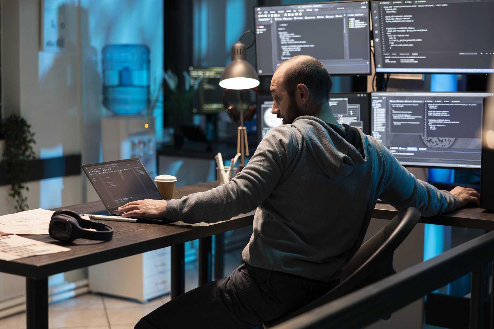 A software engineer working across multiple code screens