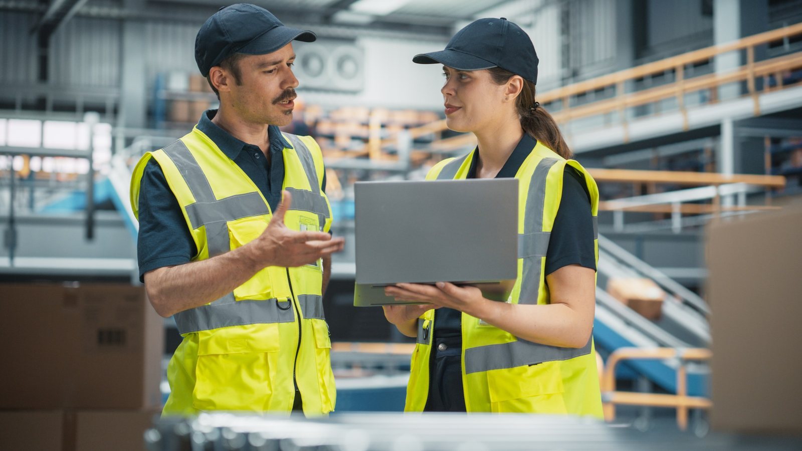 Warehouse supervisors reviewing operations on a laptop in a distribution center